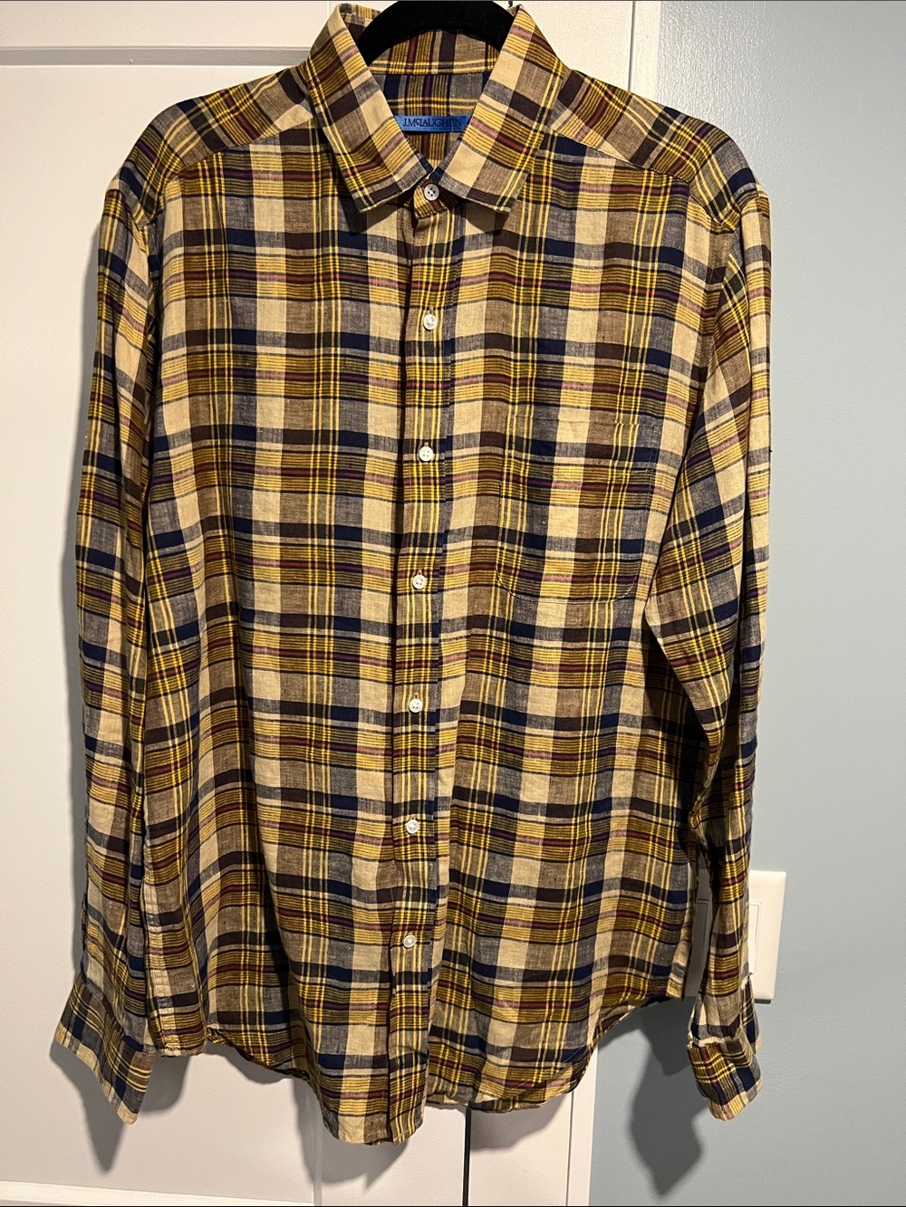J. McLaughlin Yellow, Navy & Brown Plaid Button-Down Shirt